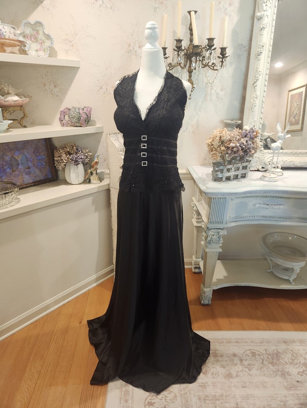 Vintage Y2K Aspen Black Lace Rhinestone Buckle Halter Evening Gown 3X